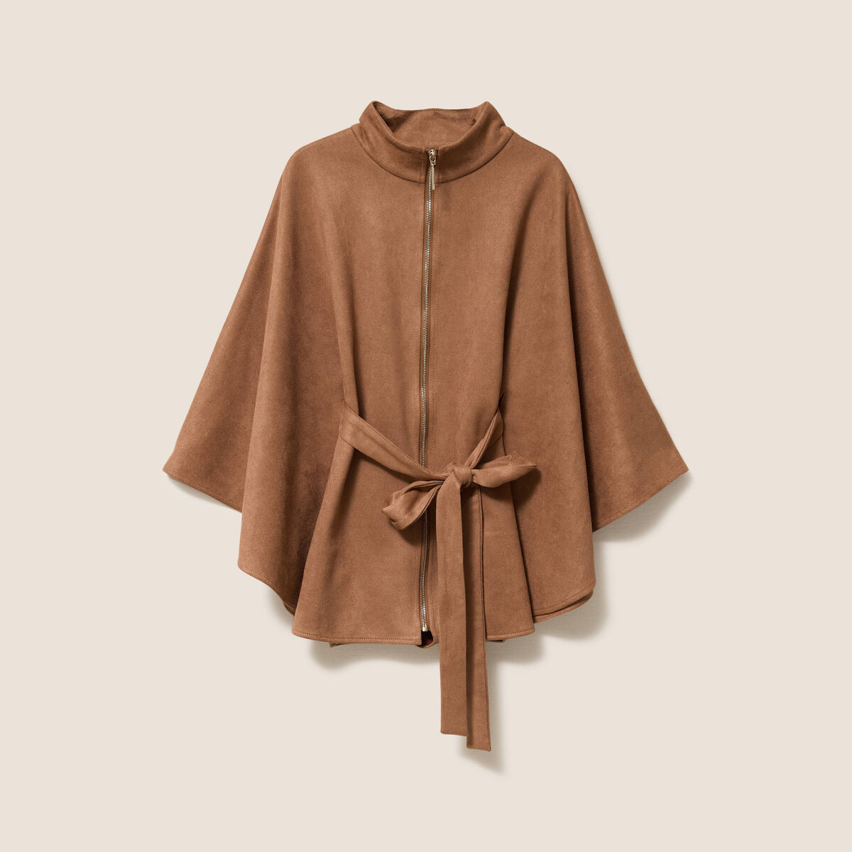 Poncho ceintur&eacute; fermeture zipp&eacute;e marron clair femme