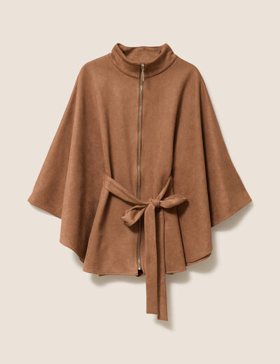 Poncho ceintur&eacute; fermeture zipp&eacute;e marron clair femme