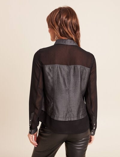 Chemise bi-mati&egrave;re manches longues denim gris femme