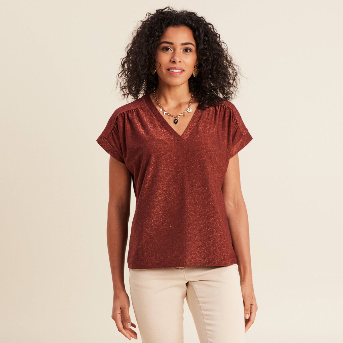 T-shirt manches courtes marron foncé femme