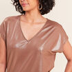 T-shirt col V manches courtes marron femme