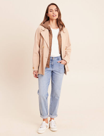 Trench cintr&eacute; court &agrave; capuche doubl&eacute; beige femme