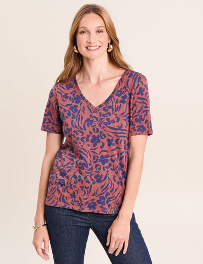 T-shirt col V manches courtes marron femme