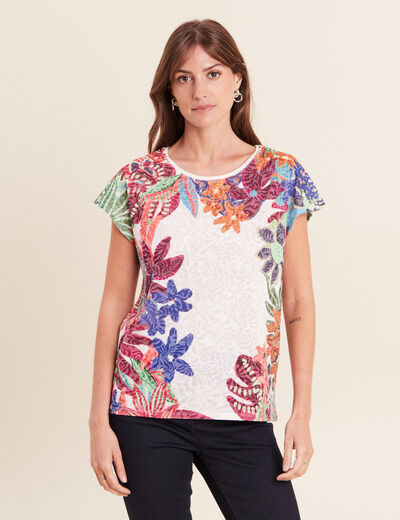 T-shirt droit col rond manches courtes ecru femme
