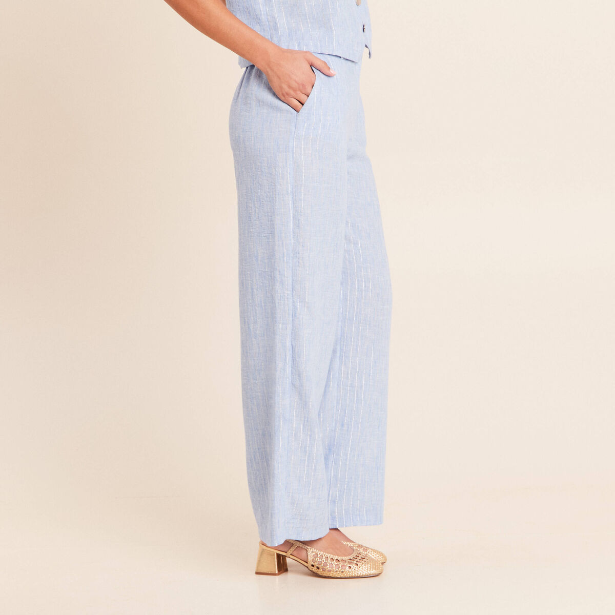 Pantalon large taille haute bleu femme