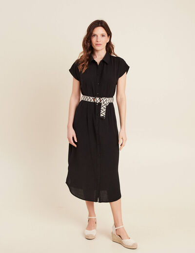 Robe chemise droite ceinturée noir femme