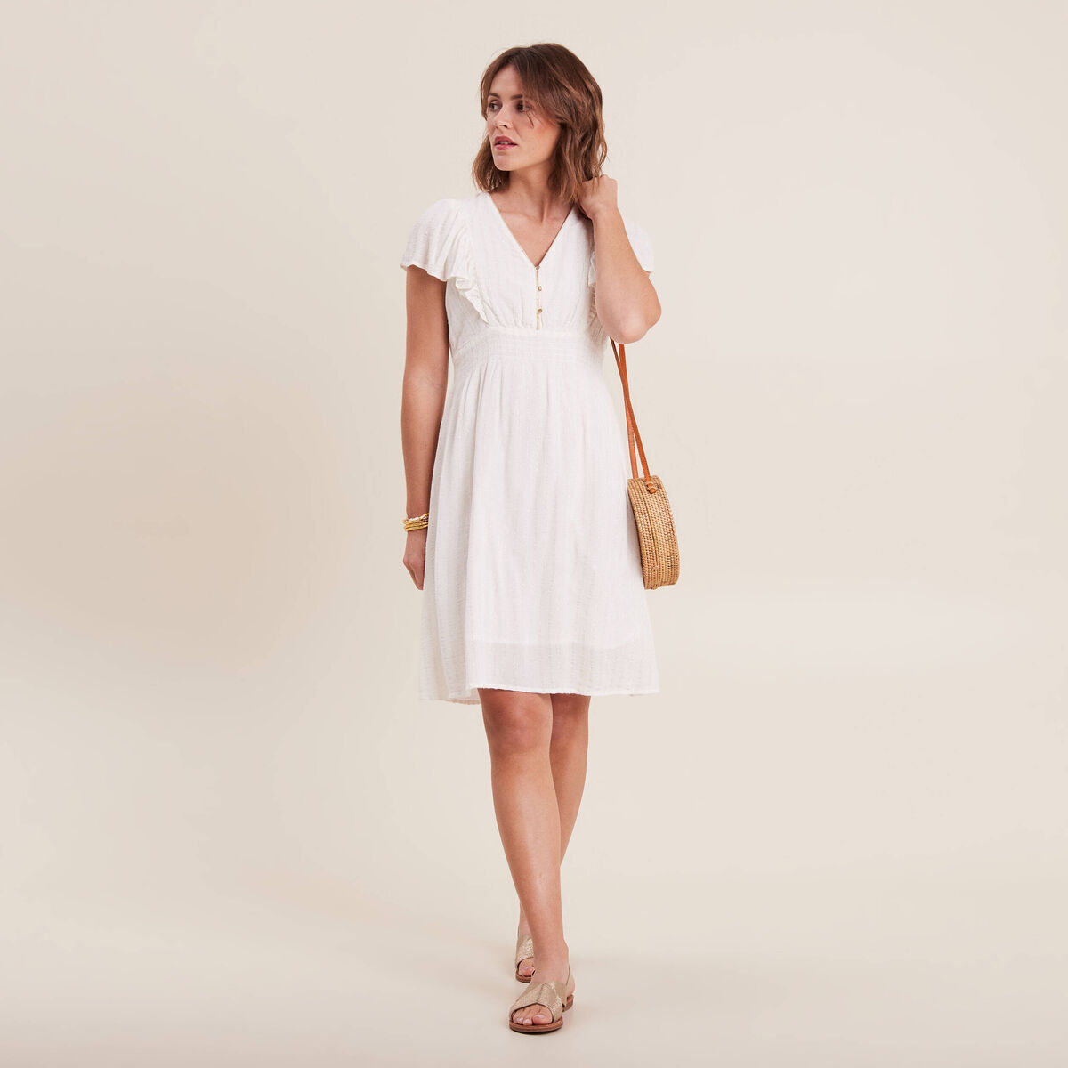 Robe droite fluide smockée ecru femme