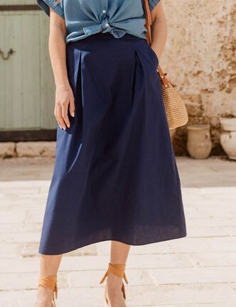 Jupe longue évasée bleu foncé femme