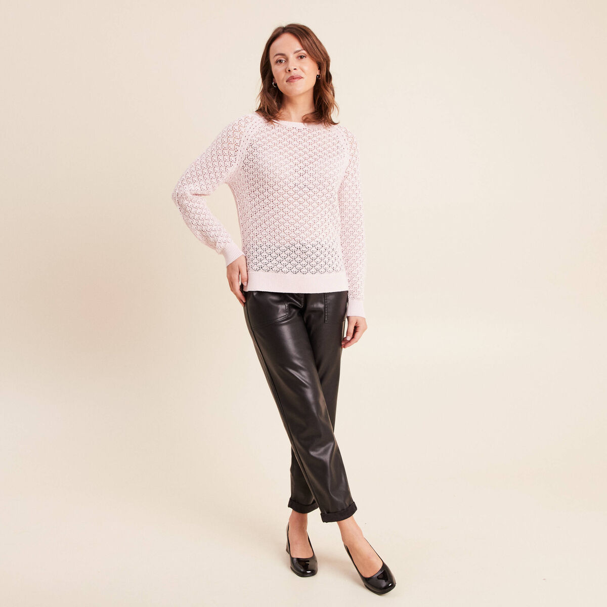 Pull col rond manches longues rose clair femme