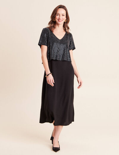 Robe longue &eacute;vas&eacute;e 2 en 1 col rond bleu marine femme