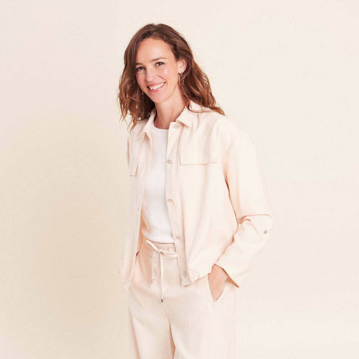 Chemise col chemise manches longues creme femme