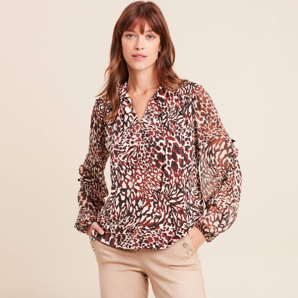 T-shirt manches longues col nou&eacute; marron femme
