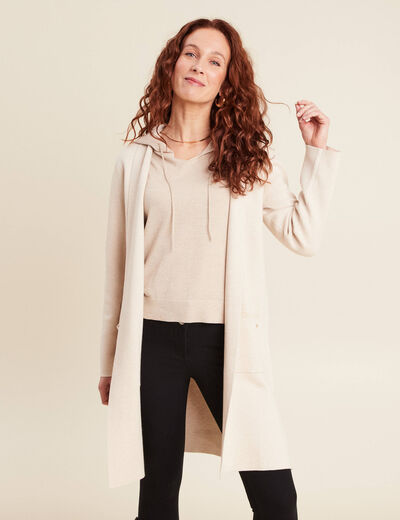 Gilet long manches longues creme femme