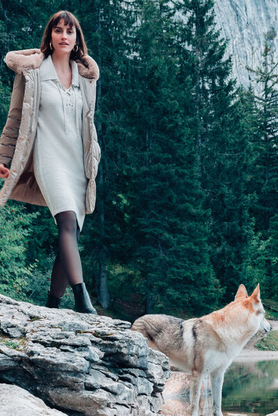Robe pull droite avec laçage creme femme