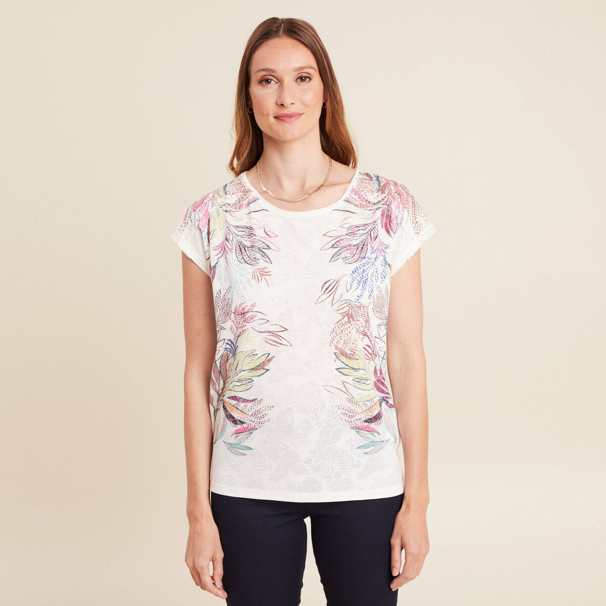 T-shirt col rond manches courtes ecru femme