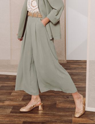 Pantalon jupe-culotte large vert clair femme