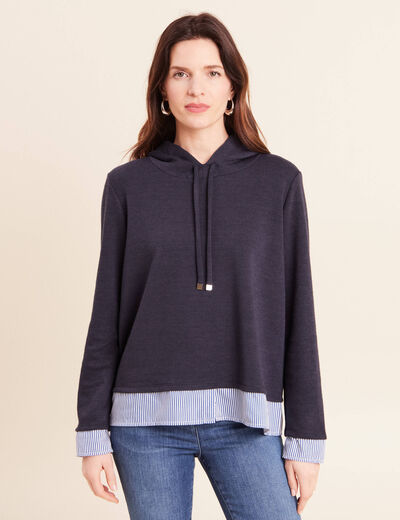 Sweat &agrave; capuche manches longues bleu marine femme
