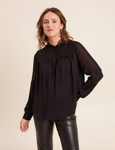 Chemise ample satin&eacute;e manches longues noir femme