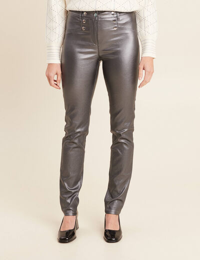 Pantalon ajusté enduit à pont couleur argent femme