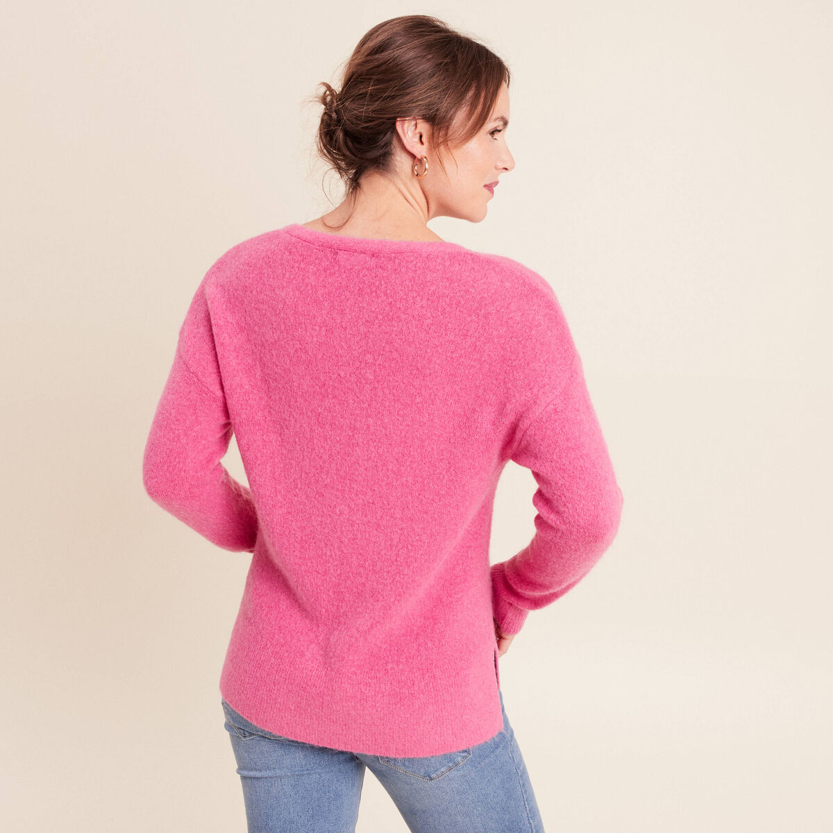 Pull col v manches longues rose fushia femme
