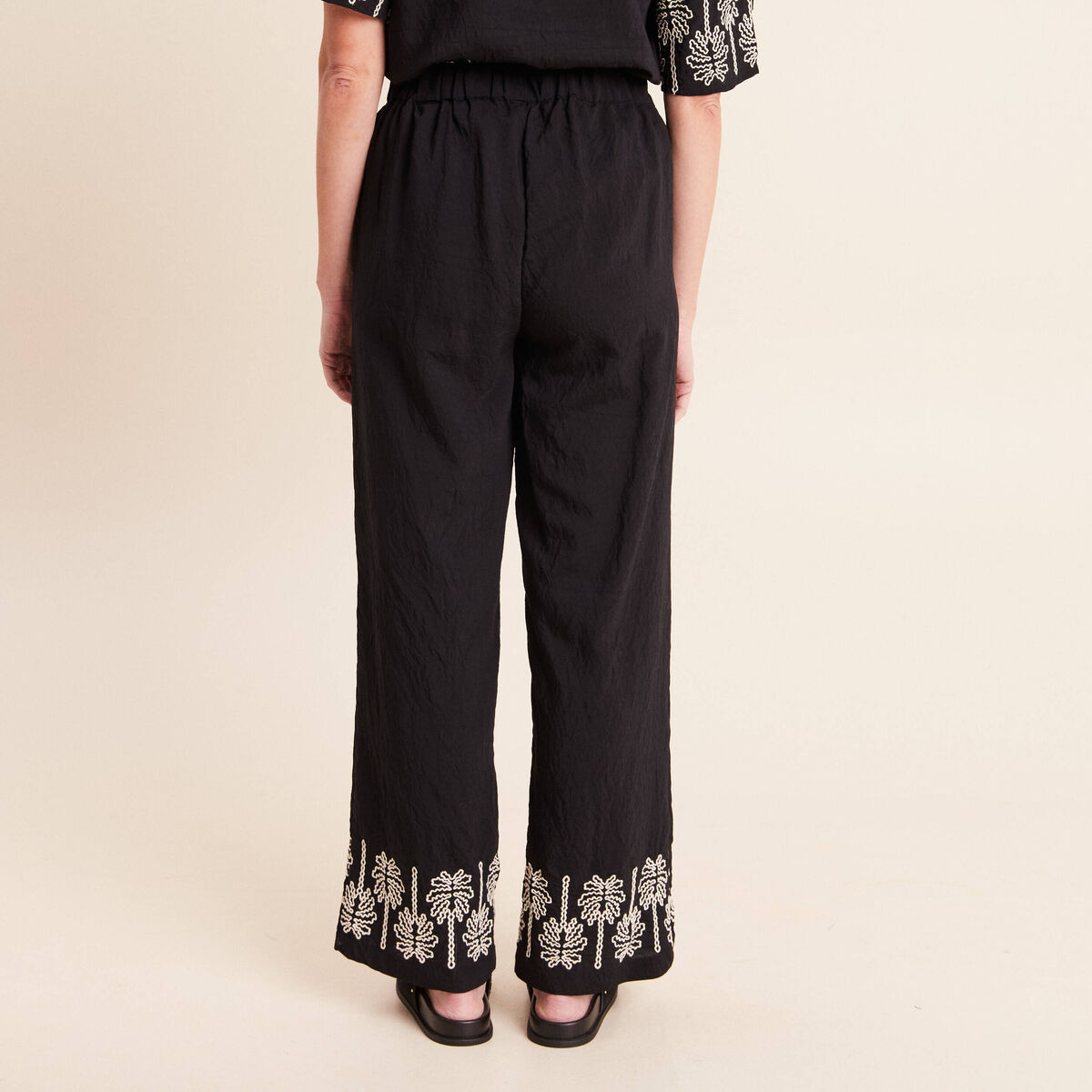 Pantalon large 7/8&egrave;me taille haute noir femme