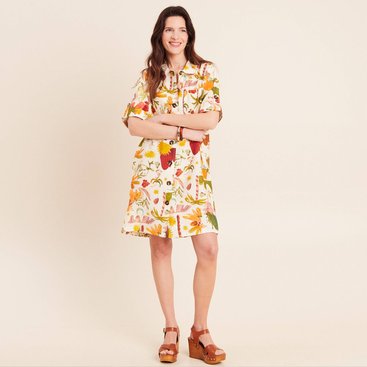 Robe droite courte manches courtes multicolore femme