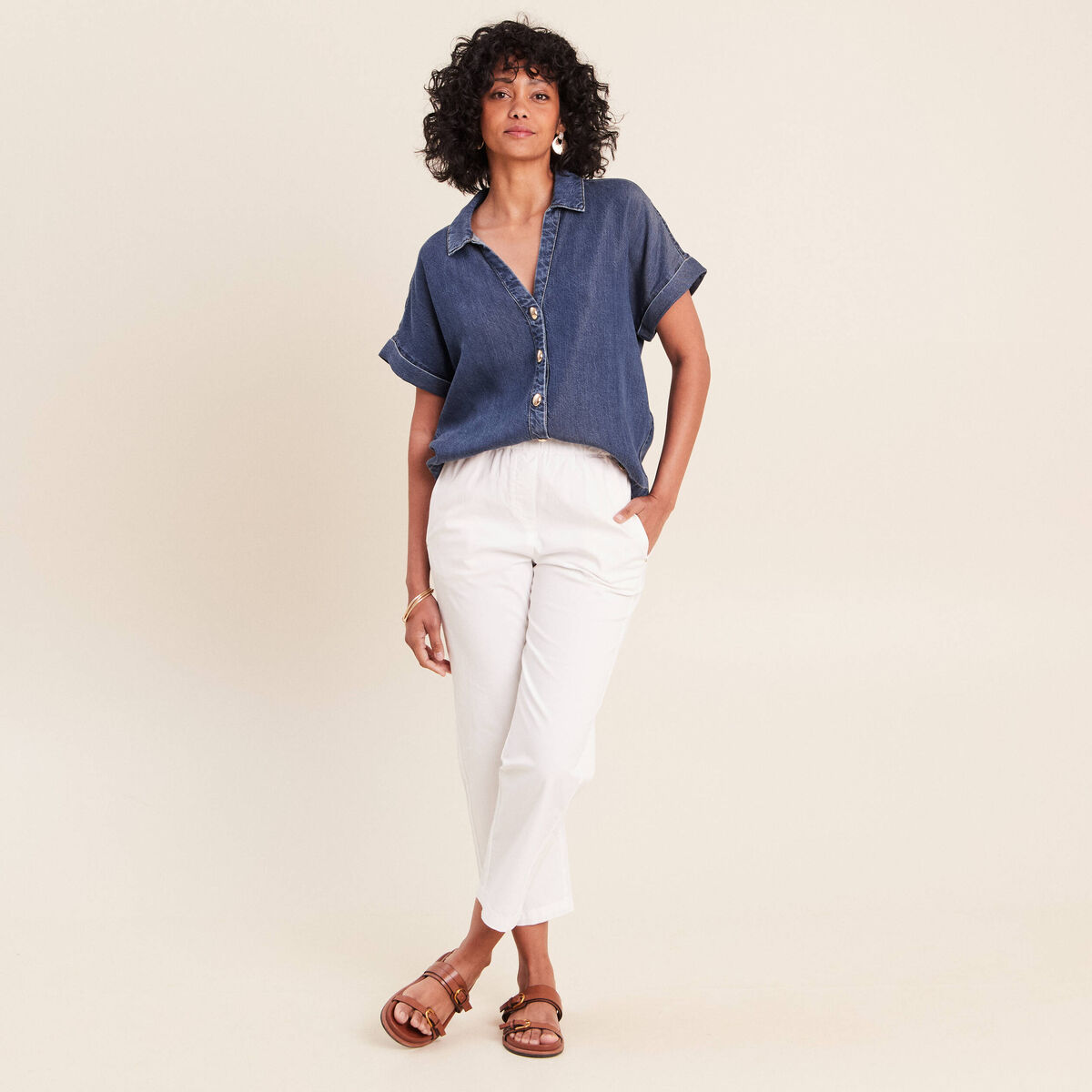 Chemise col chemise manches courtes denim double stone femme