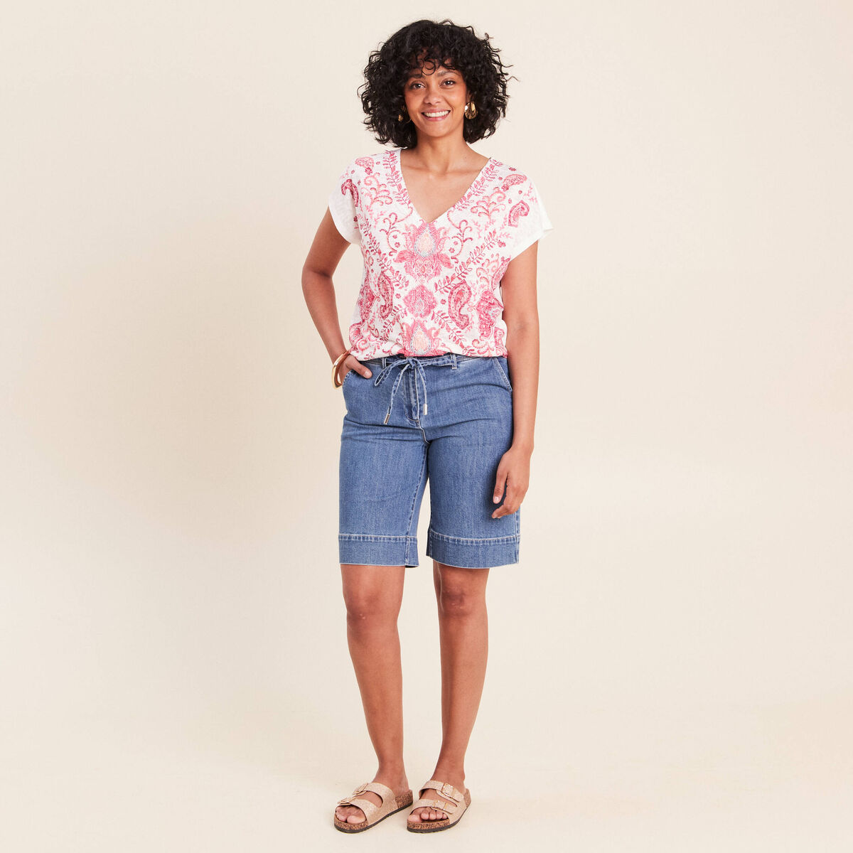 T-shirt macram&eacute; manches courtes ecru femme