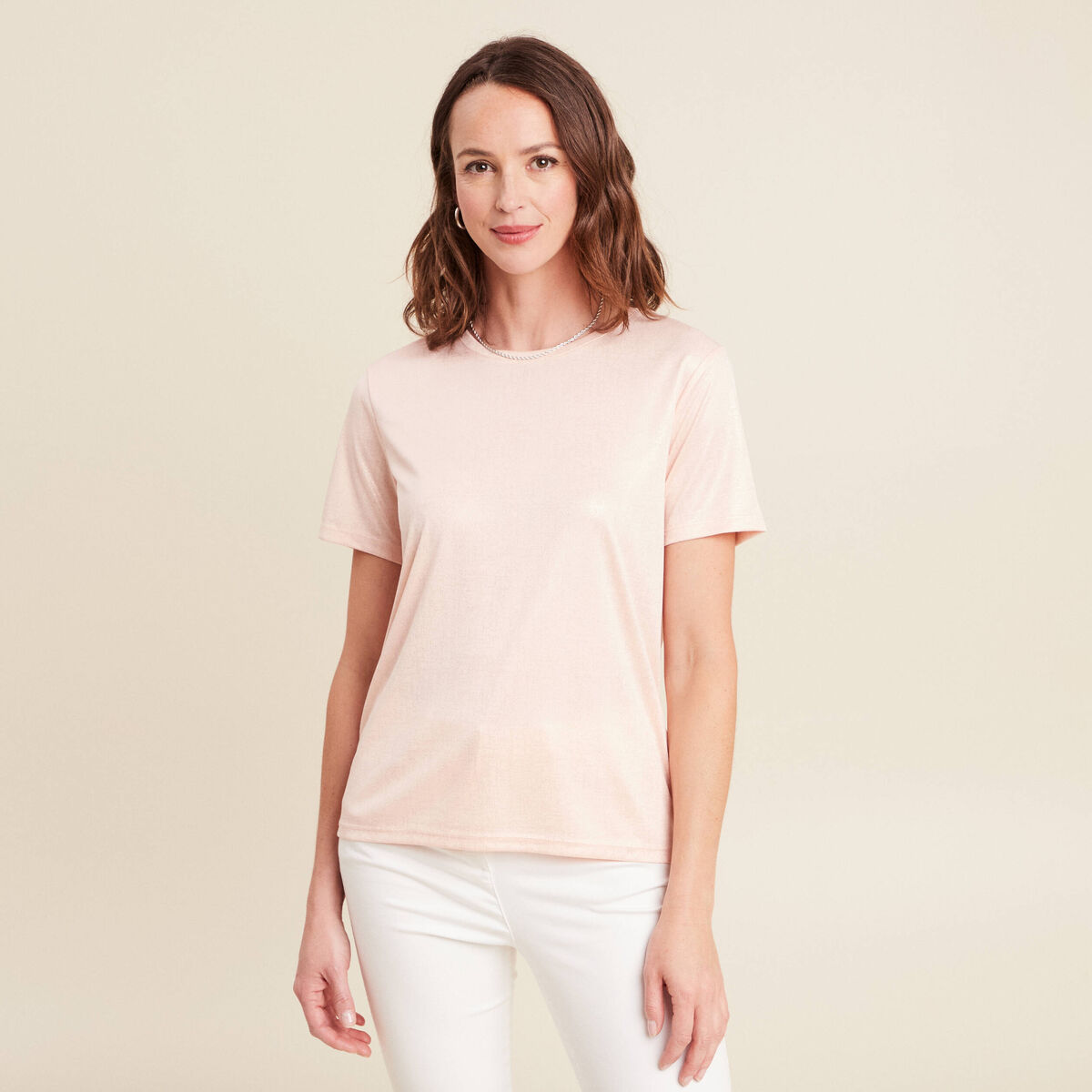t-shirt droit court satiné col rond vieux rose femme