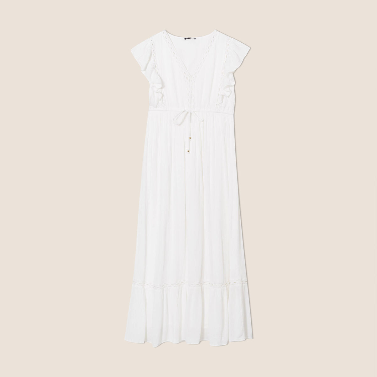 Robe longue évasée à volants ecru femme