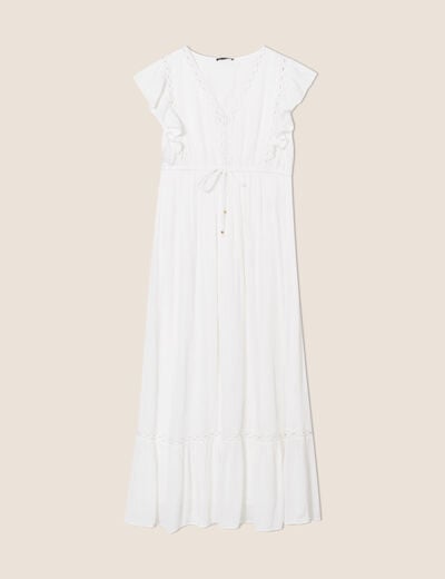 Robe longue évasée à volants ecru femme