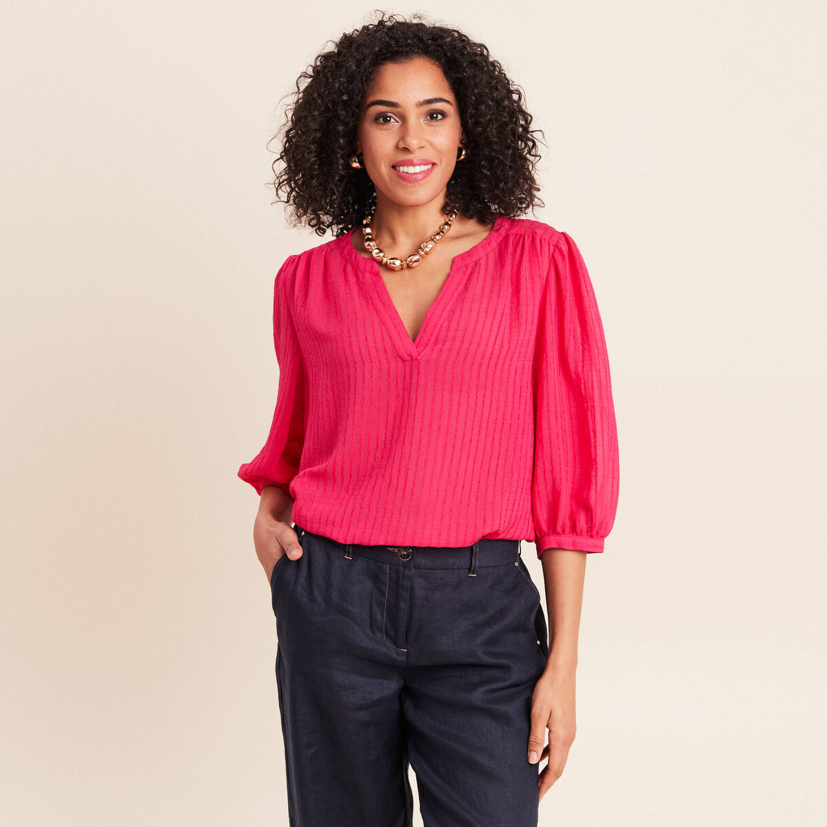 Blouse ample col tunisien manches 3/4 rose fushia femme