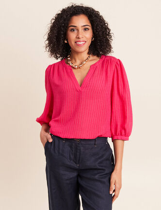 Blouse ample col tunisien manches 3/4 rose fushia femme