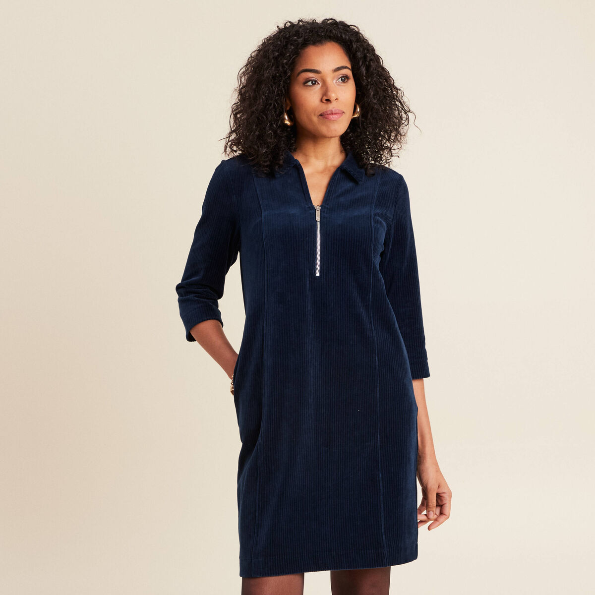 Robe droite velours bleu marine femme