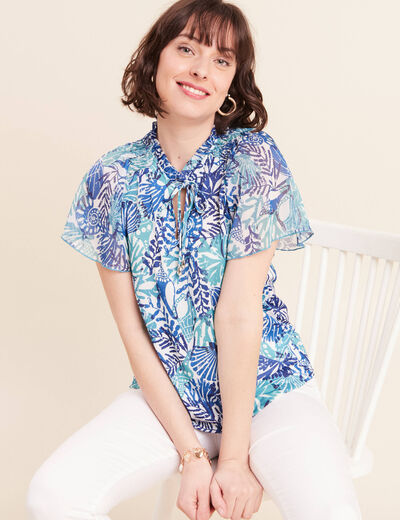 T-shirt col tunisien manches courtes bleu femme