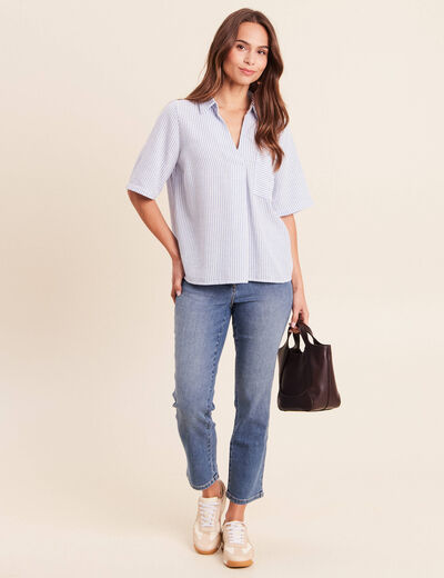 Blouse ample col chemise manches courtes bleu femme