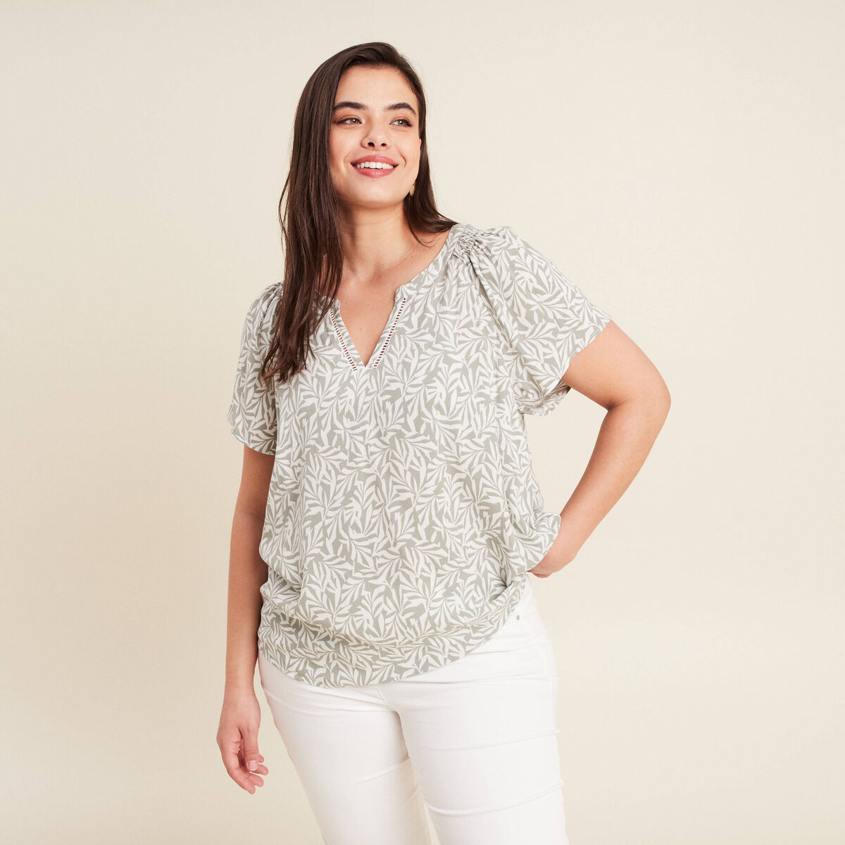 Blouse manches courtes vert kaki femme