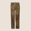 Pantalon ajust&eacute; taille bascul&eacute;e enduit vert kaki femme