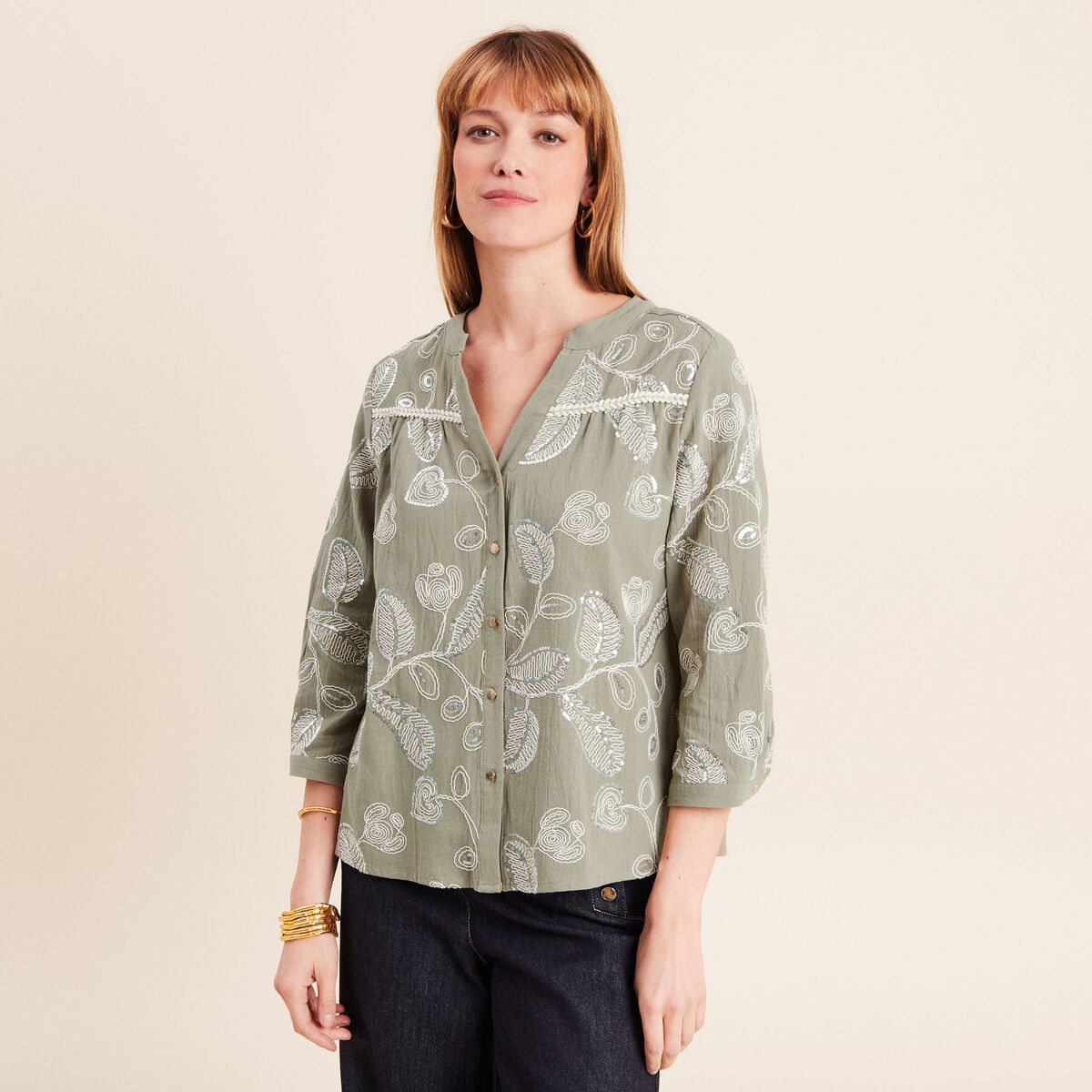 Blouse col tunisien manches 3/4 vert femme