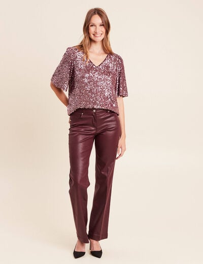 T-shirt &agrave; sequins manches coudes bordeaux femme
