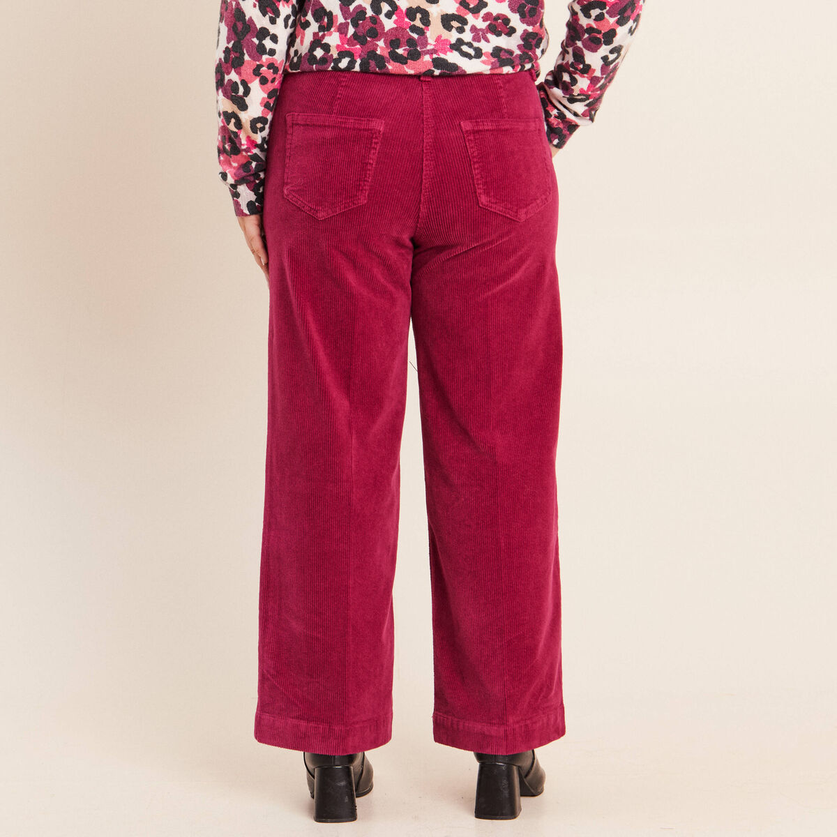 Pantalon large velours c&ocirc;tel&eacute; rouge fonc&eacute; femme