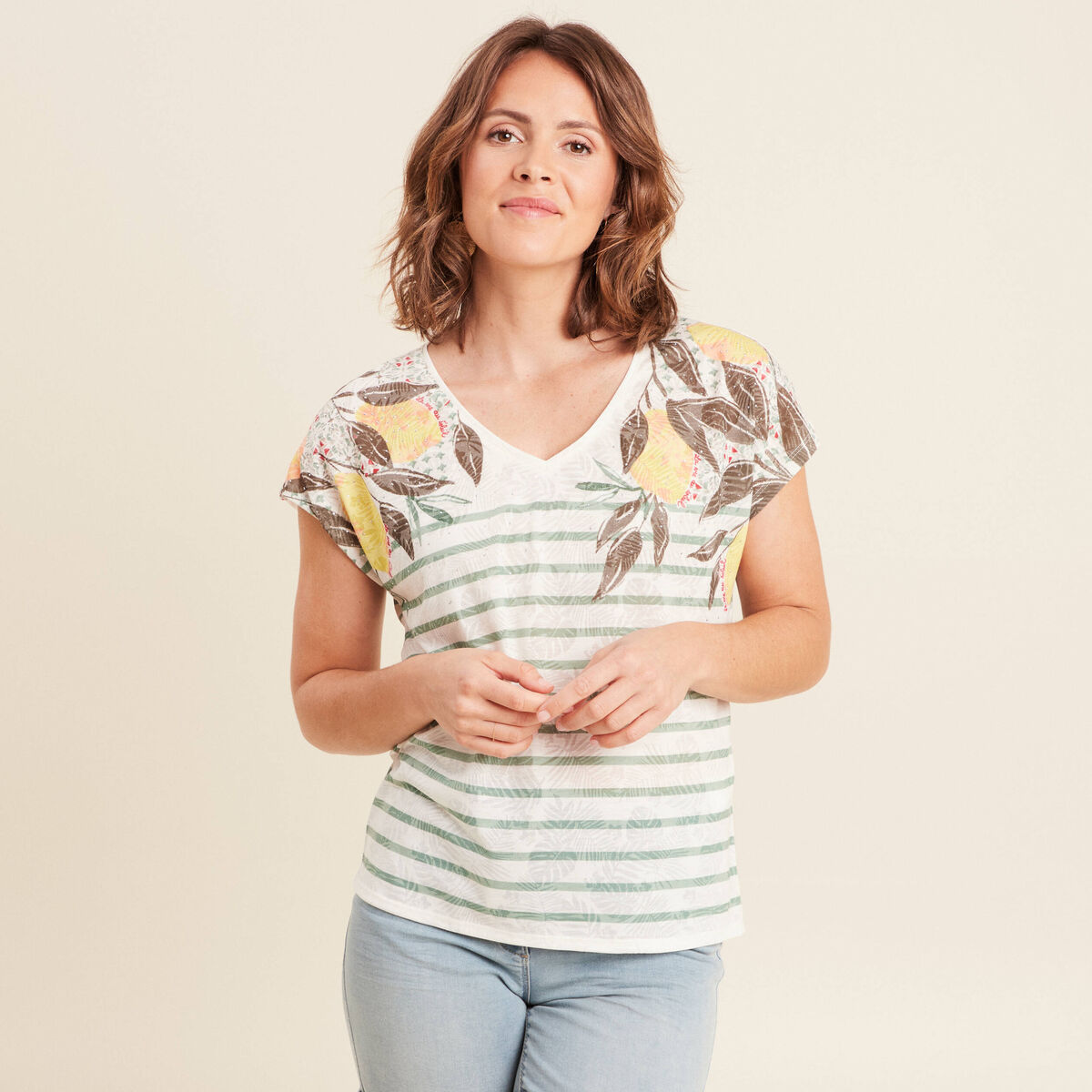 T-shirt col V manches courtes jaune citron femme