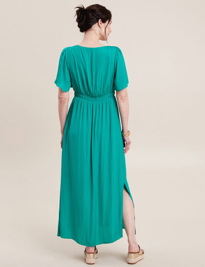 Robe longue évasée satin bleu turquoise femme