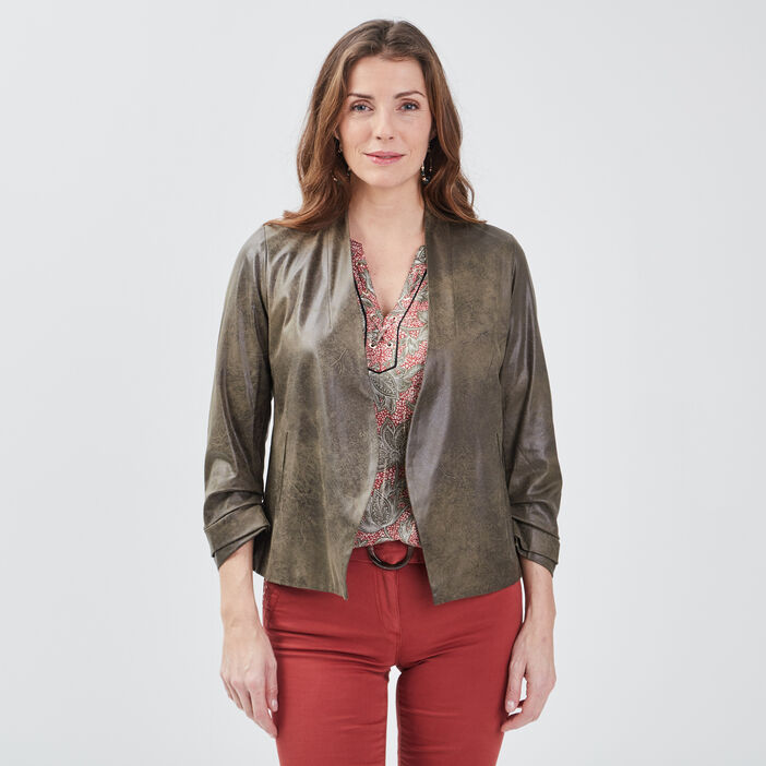Veste droite col châle vert kaki femme