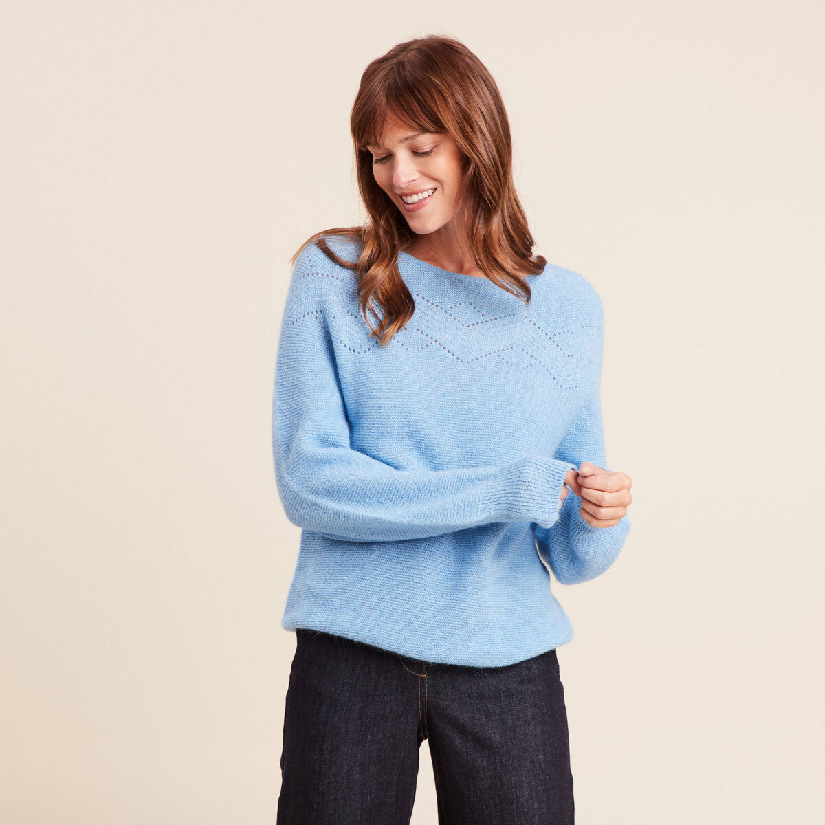 Pull confectionn&eacute; en France bleu ciel femme