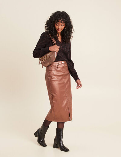 Jupe midi droite enduite couleur cuivre femme