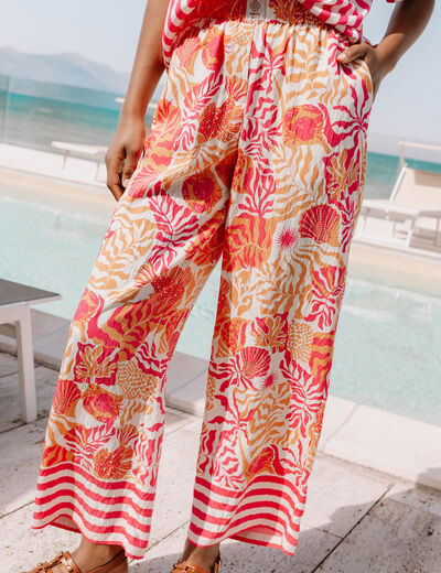 Pantalon fluide et large taille haute rose corail femme
