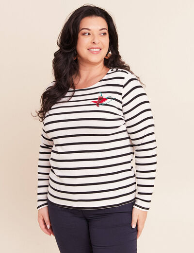 T-shirt marini&egrave;re avec broderie sequins noir femme