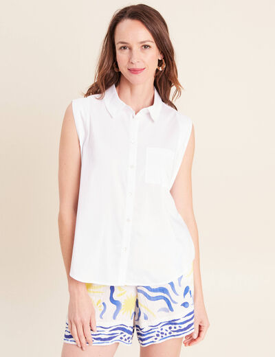 Chemise sans manches col chemise ecru femme