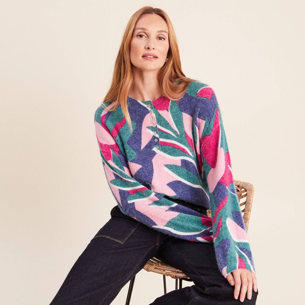 Pull col tunisien bleu femme